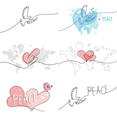 International Day of Peace. Concepts of love, peace, and kindness. A set of posters and postcards with doves, a world map, and a heart.