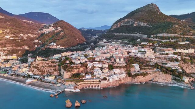 Drone Aerial view of picturesque Vietri sul Mare town with beautiful coastal scenery and mountains, Salerno, Italy.