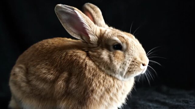 A close-up portrait of a light brown rabbit with perked ears against a dark background