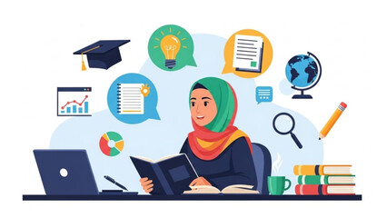 Fototapeta premium Young Muslim woman studying with books and educational icons concept of online learning and knowledge flat vector illustration