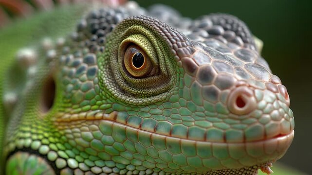 Close-up of a vibrant green lizard's face and eye, showcasing its scaly skin and intense gaze, set against a blurred natural background, ideal for wildlife or reptile-related projects