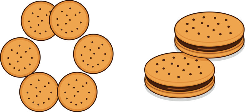 Set of golden round crackers and chocolate sandwich cookies vector illustration isolated on white background for bakery snacks.