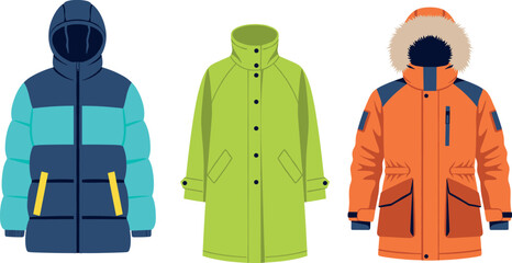 Set of heavy winter coats including puffer jacket and parka with fur hood isolated on white for fashion. © REYAD