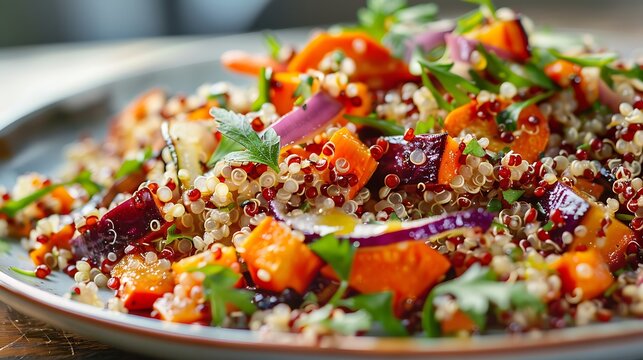 A plate of quinoa salad with roasted vegetables