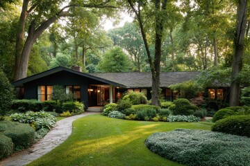 A charming house is nestled amidst lush trees and vibrant bushes, situated in a beautiful green garden. A winding walkway gracefully guides visitors to the entrance, all bathed in warm daylight