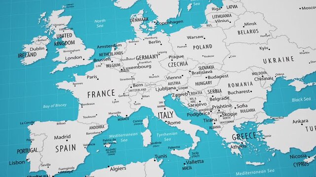 European countries on the world map. 4K animation.
