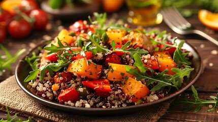 A plate of quinoa salad with roasted vegetables