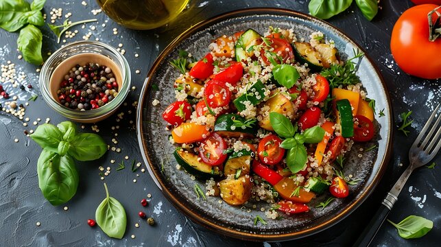 A plate of quinoa salad with roasted vegetables