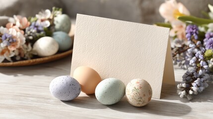 Decorative Easter eggs in pastel colors arranged with flowers and a blank card on a wooden surface