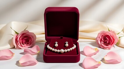 Elegant Pearl Necklace and Earrings in a Luxury Red Velvet Gift Box Surrounded by Pink Roses and Petals for a Romantic Anniversary or Wedding Gift