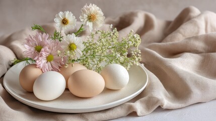 Fresh eggs in various colors arranged on a plate with delicate flowers