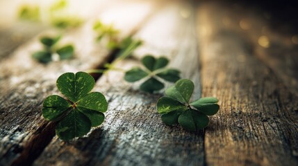 Green four-leaf clovers scattered on rustic wooden surface