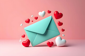 3D Open Mint Green Envelope with Exploding Red and White Hearts on Pink Background