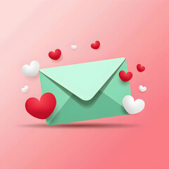 Cute 3D Love Letter Envelope with Floating Red and White Hearts on Pink Background