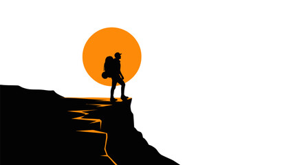 Silhouette of a lone hiker standing on a cliff edge at sunset.