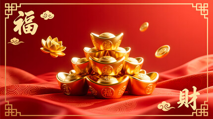 Luxurious Chinese New Year celebration scene featuring traditional gold ingots on red silk texture.
