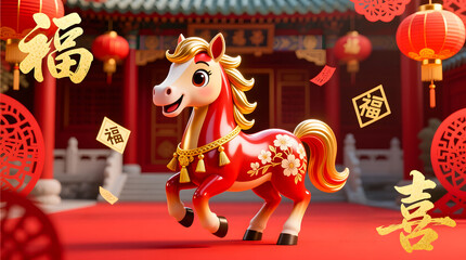 Premium zodiac horse-inspired celebration design with elegant golden details on a rich red background.