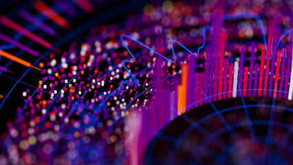 Closeup of Big Data complex round graph background. Top view on quantum computing universe. Cyber space of AI technology. Futuristic graph. Digital information presentation.