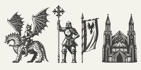 Medieval fantasy illustration featuring a knight dragon rider banner and gothic architecture © Sujal