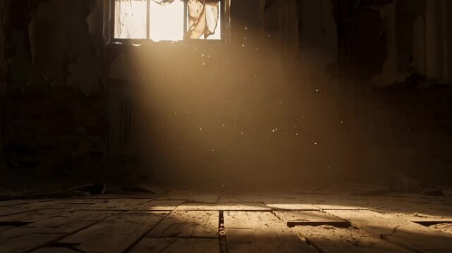 Sunlight streams through a window into a dark abandoned room creating dramatic god rays. Dust particles float in the golden light beams for a mysterious cinematic background