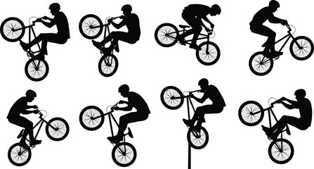 Obraz premium BMX bike stunt rider silhouette set, extreme cycling tricks, freestyle bicycle action poses, urban sports flat vector illustration
