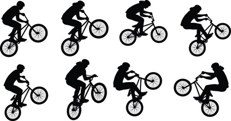 Obraz premium Black silhouette collection of BMX rider performing wheelie and manual stunts, set of urban bicycle athlete action poses isolated on white background. (23 words)