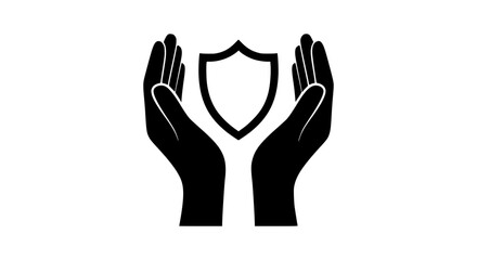 Shield in hands clear symbol black white icon 