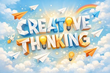 Dynamic expression of creative thinking illustrated with colorful paper planes light bulbs and vibrant clouds symbolizing innovation inspiration and limitless imagination