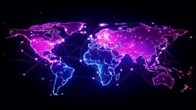 pink and blue neon world map with dotted lines and dots.