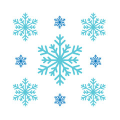 Set of various sizes of stylized snowflakes in shades of blue on a white background, perfect for winter-themed designs