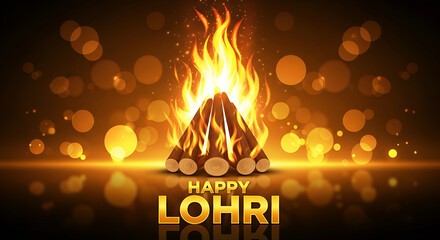 Image is a digital artwork featuring a vibrant and festive scene celebrating the festival of Lohri. At the center is a stylized bonfire composed of wooden logs arranged in a conical shape, with bright