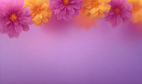 Marigold flower garland on a gradient purple background. Floral border design for spring, summer, Indian holiday, wedding, and greeting card.
