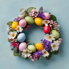 Easter wreath with colorful eggs and flowers on light blue background