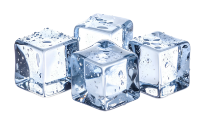Four translucent ice cubes, clustered together, with water droplets, against a black background
