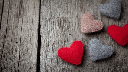 Valentine wooden background with felt hearts arranged in flat lay, romantic love concept for holiday celebration, cozy rustic design with warm festive atmosphere