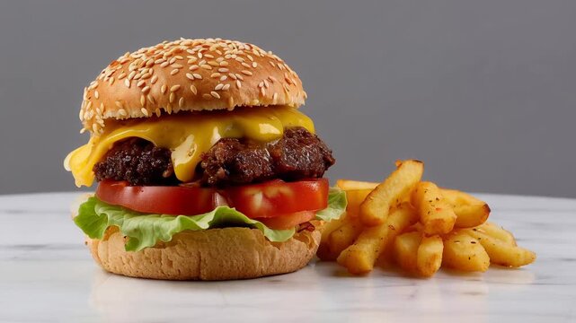 Delicious cheeseburger with melted cheese, tomato, lettuce on sesame seed bun with fries on marble table against grey background for advertising