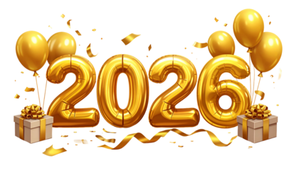 Gold "2026" text balloons with gifts, confetti and ribbons, celebrating a new year
