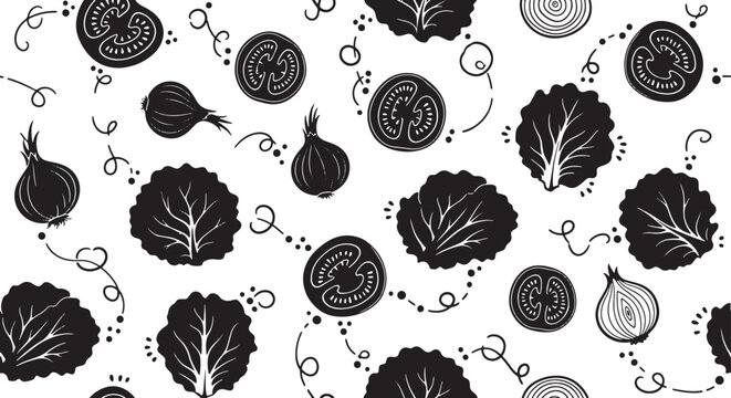 Collection of hand drawn vegetable and plant icons in seamless pattern