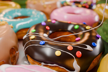 トレイに並んだカラフルなドーナツに白い液体クリームを垂らす
