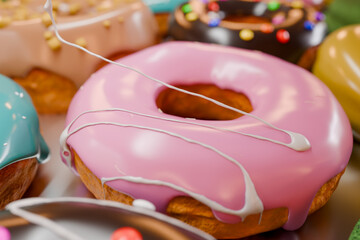 トレイに並んだカラフルなドーナツに白い液体クリームを垂らす
