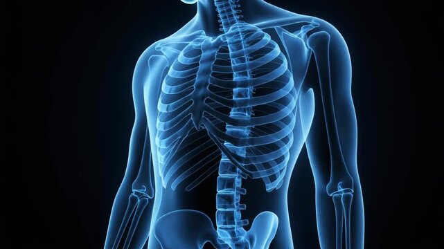 Human skeleton back with glowing blue bones on black background for medical or educational use