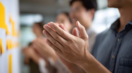 Diverse hands clapping in unison during a successful team meeting fostering positivity and appreciation