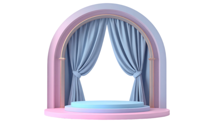 Pastel stage with arched frame, draping curtains, and circular platforms