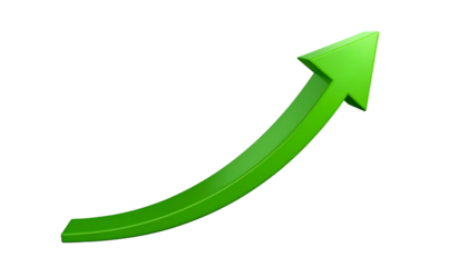 3D-rendered bright green upward curved arrow isolated on a black background