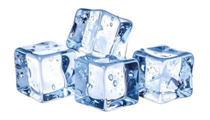 Four translucent, glistening ice cubes of varying sizes, close-up, against a black backdrop