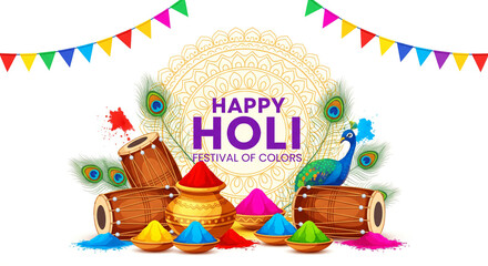 Happy holi festival poster template with holi powder color bowls on white background.