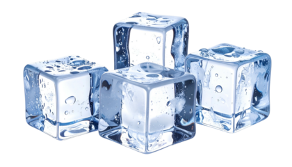 Four translucent, square ice cubes with water droplets. Transparent background