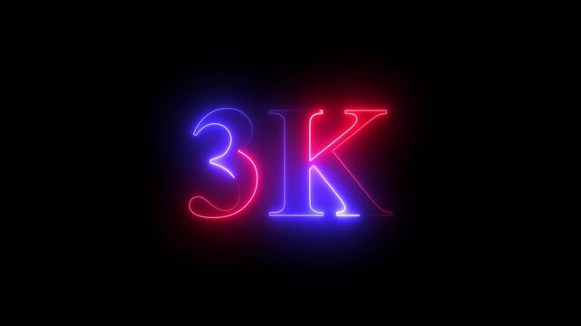 Glowing neon line 3K followers icon animation in Ultra HD, isolated on a black background, celebrating congratulations for 3K milestone achievement in smooth 4K video.