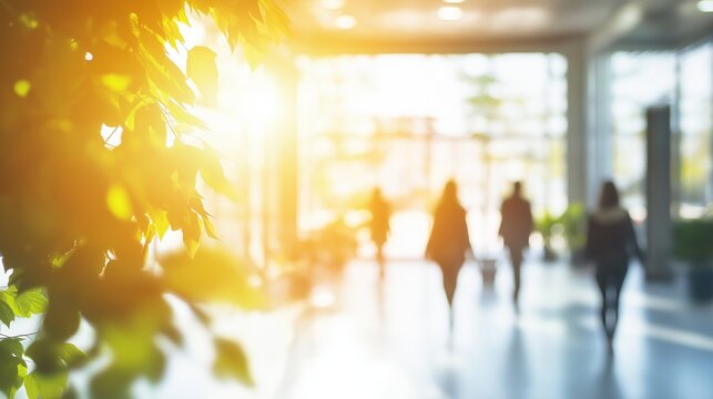 Ecological concept: office building with green trees and people walking to work on blurred background