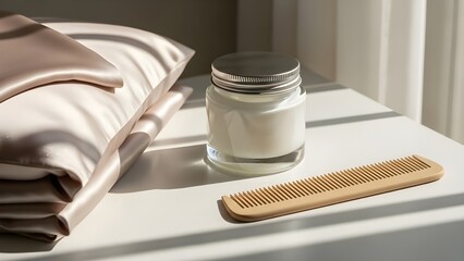 A tranquil close-up shot of essential self-care and bedroom items arranged on a pristine white surface. On the left, a stack of soft, luxurious silk pillowcases in a delicate champagne or rose gold.